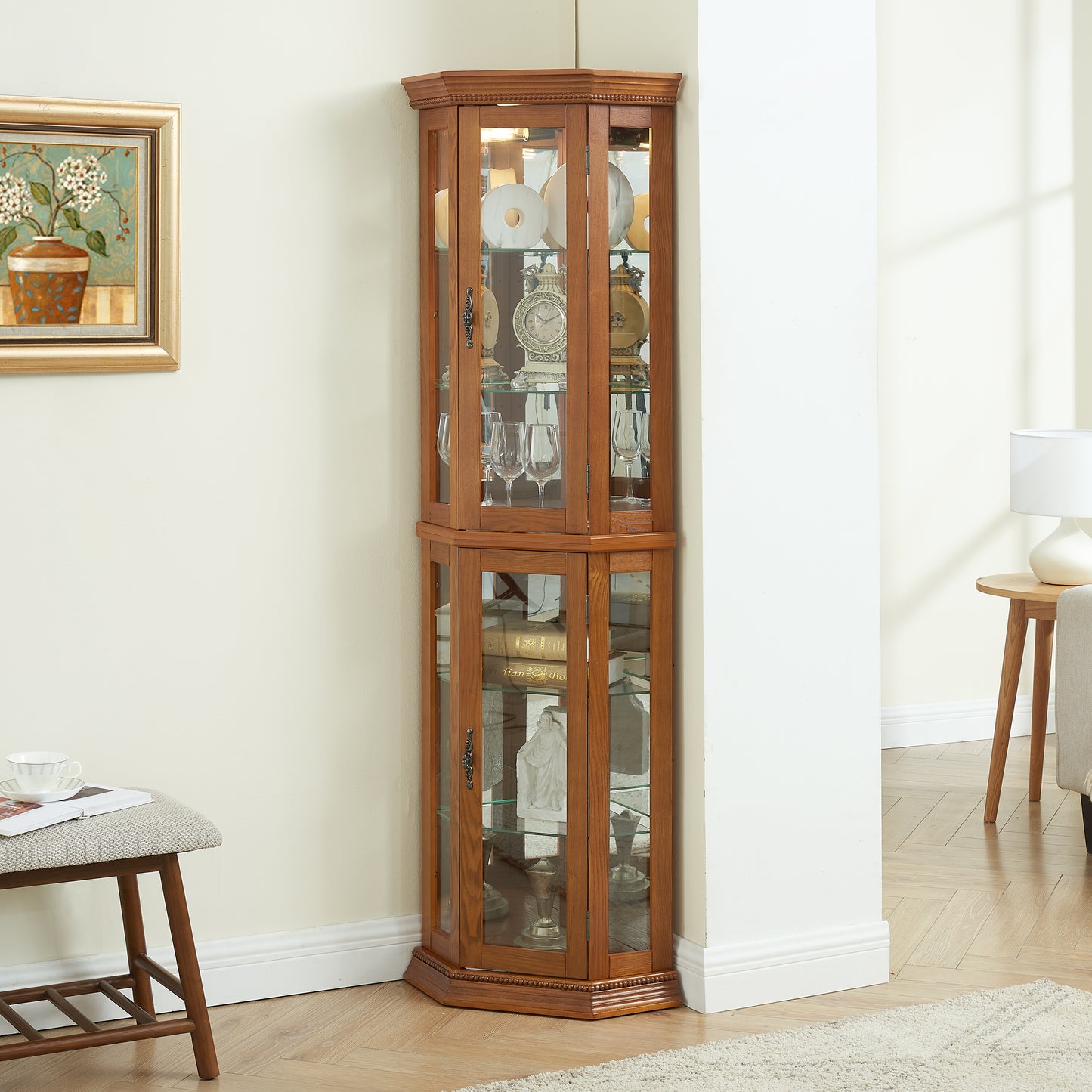Corner Curio Cabinet Lighted Display, Glass Display Shelf Shelving