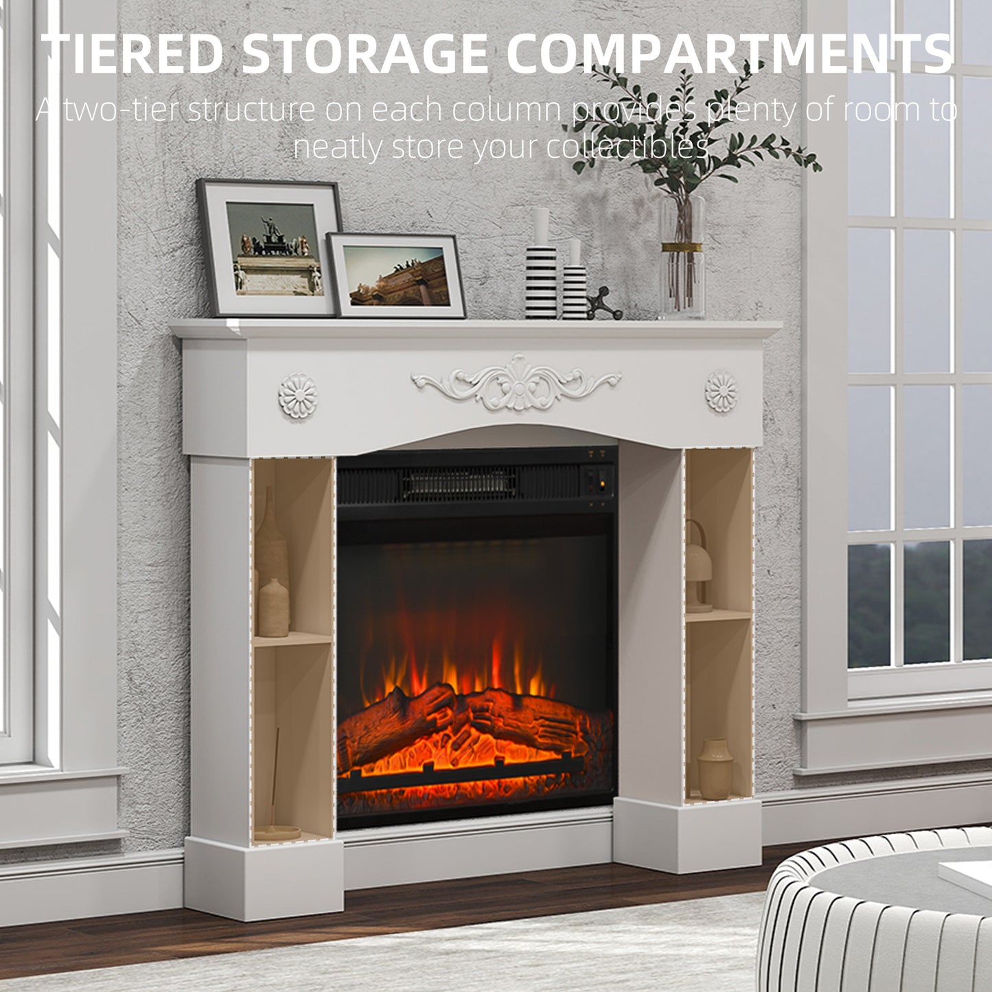 White Fireplace Mantel Surround with Storage for Electric Fireplaces - 45.3" Wide