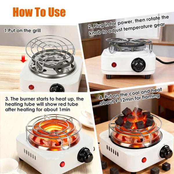 500W Charcoal Burner with Thermostat Control & Tongs - Black