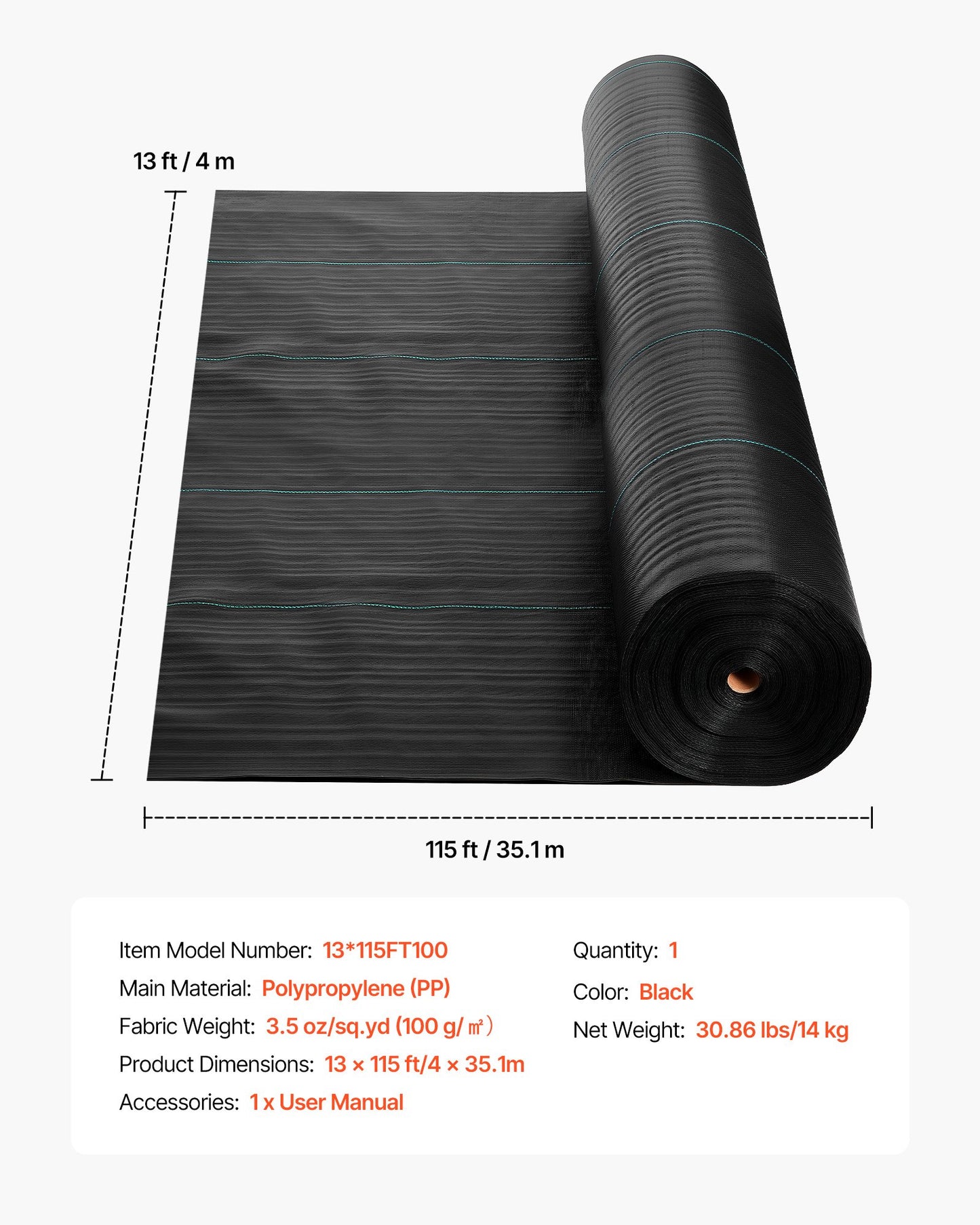 Heavy Duty Weed Barrier Fabric 13x115 FT Garden Ground Cover Black