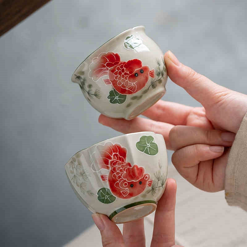 Hand Painted Ceramic Tea Set with Wooden and Grass Accents - Chinese Style Household Collection