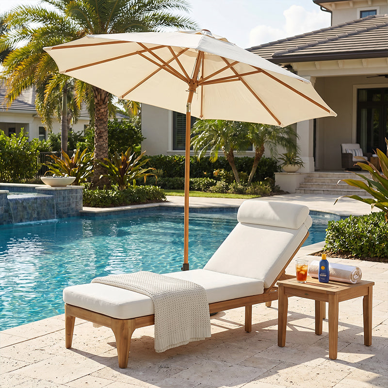 Acacia Wood Chaise Lounge Chair - Outdoor Recliner with Adjustable Backrest, Beige