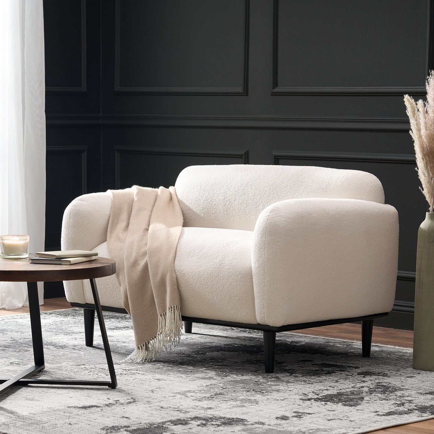 50-Inch White Boucle Loveseat Sofa with Black Legs