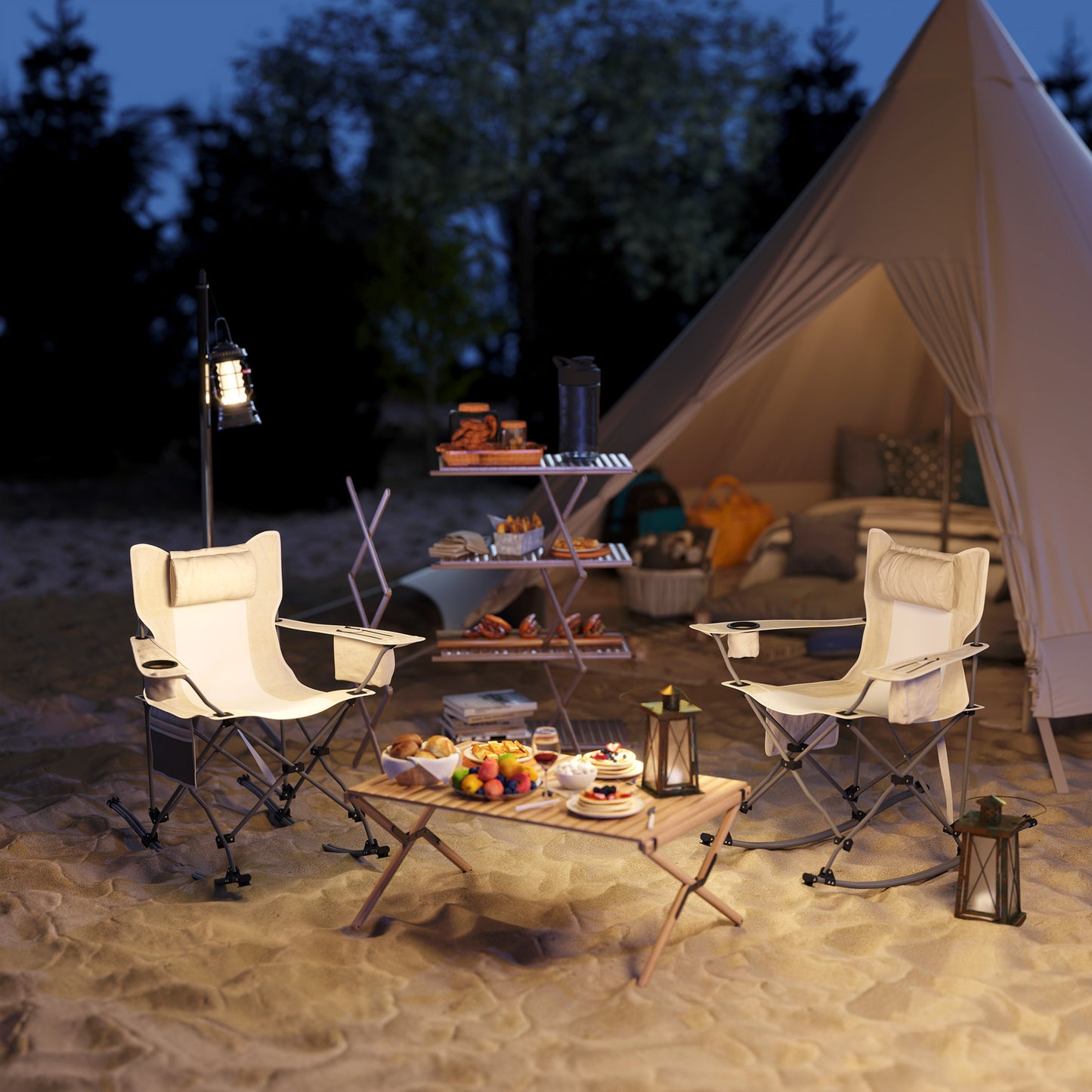 Folding Rocking Camping Chairs with Headrest & Cooler Bag - 2 Pack, Cream