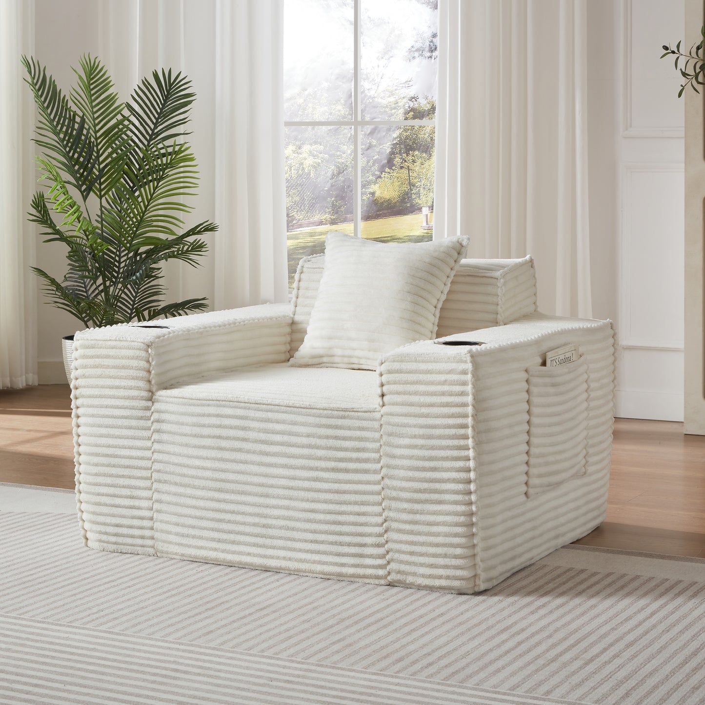 Compact 1-Seater Sofa - No Assembly, Modern Corduroy Design - White