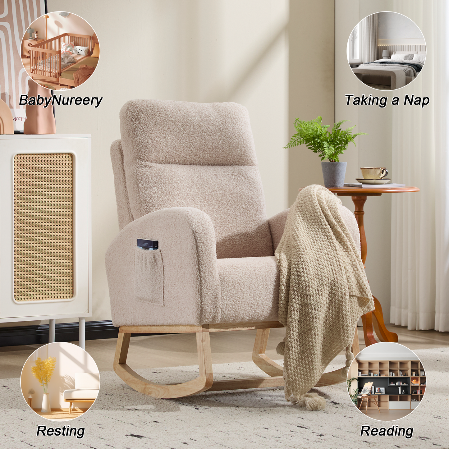 Modern Upholstered Rocking Chair with Solid Wood Legs - Beige