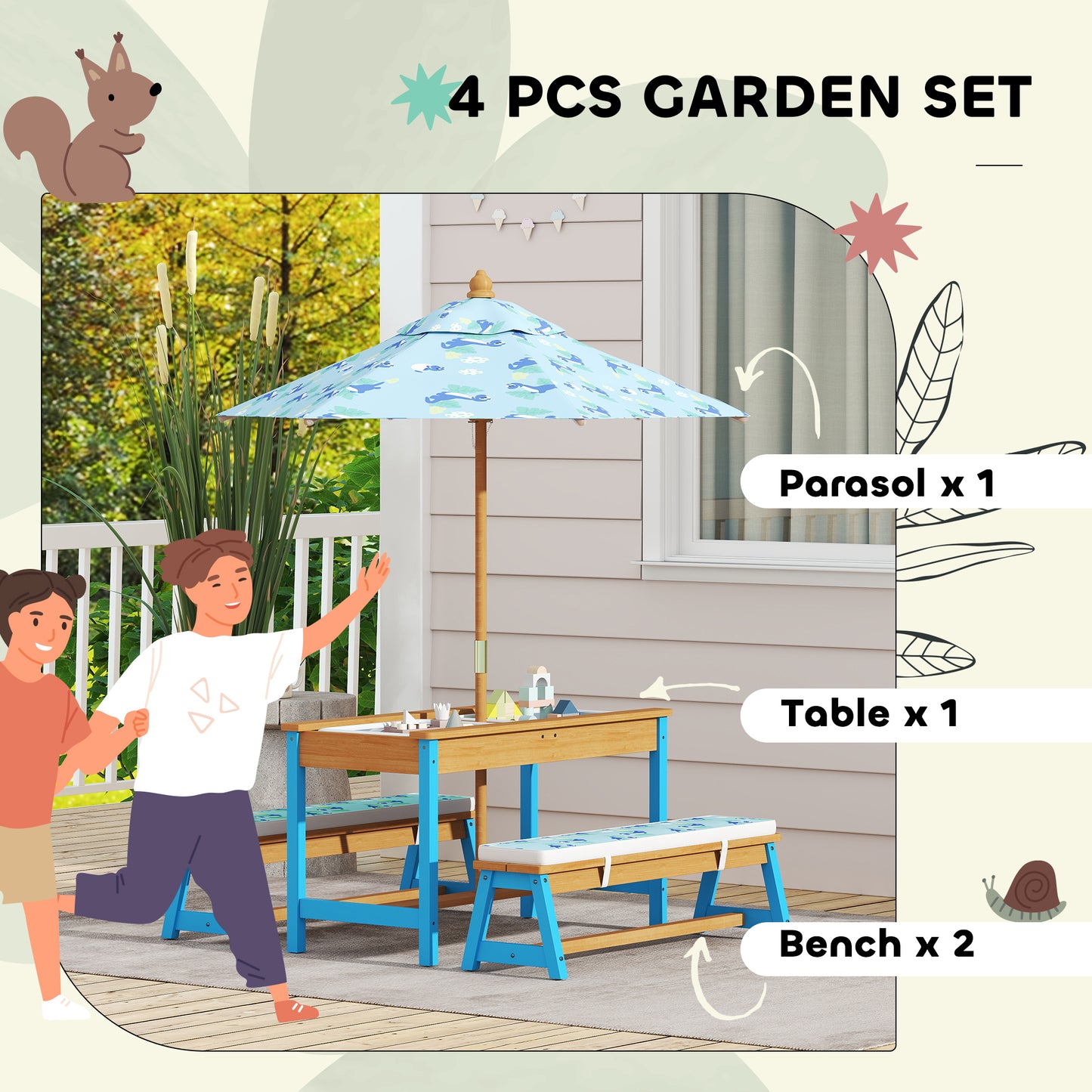 Kids Picnic Table Set with Foldable Umbrella & Cushions - Dinosaur Theme, Blue