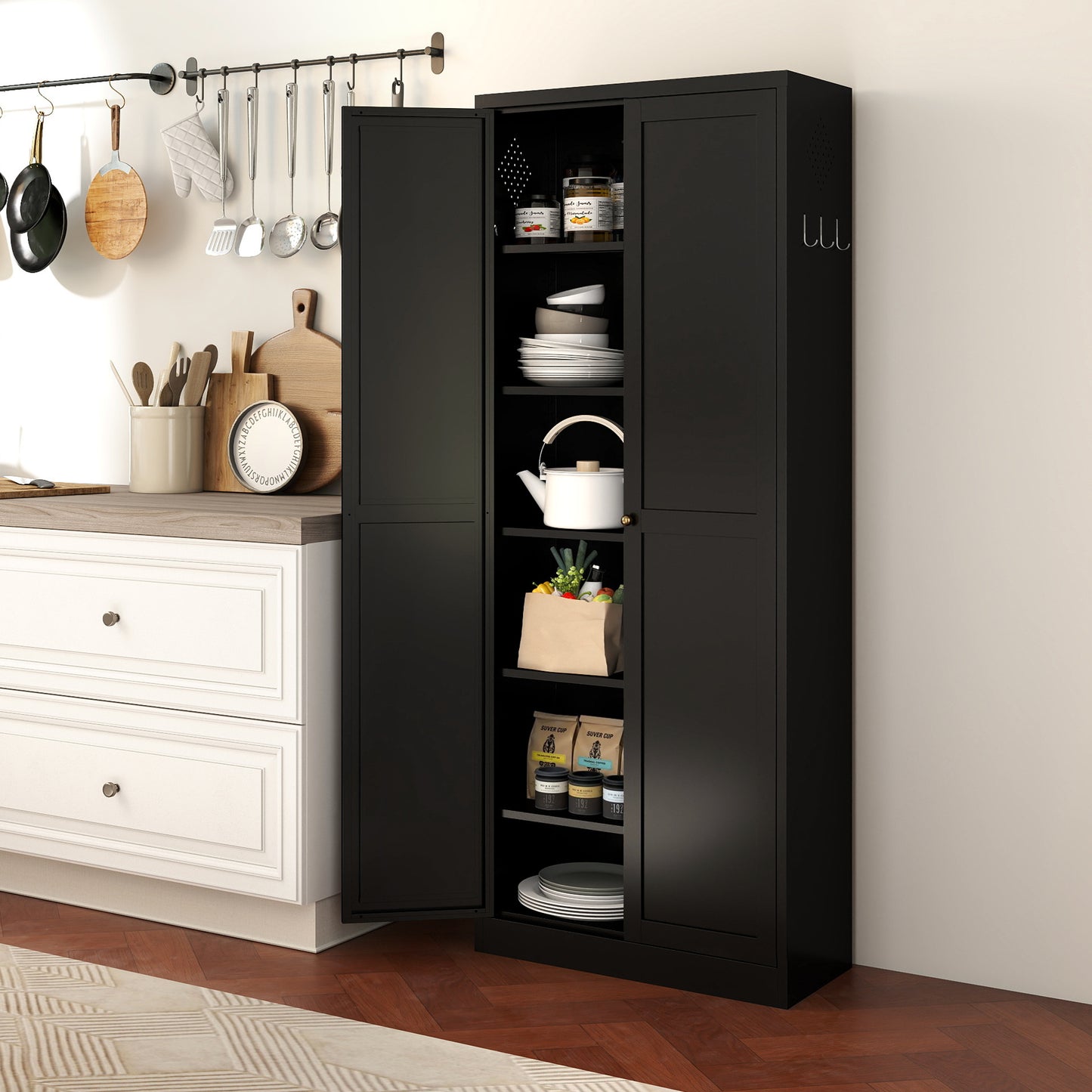 72 Black Metal Kitchen Pantry Cabinet With Doors, Heavy-Duty
