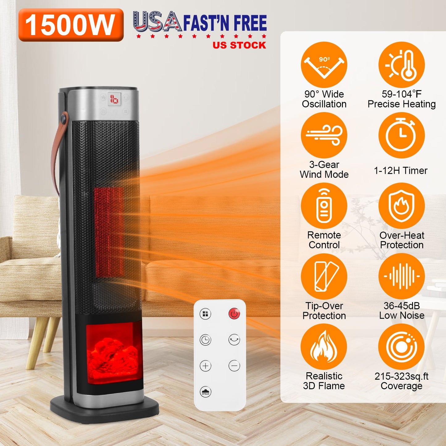 1500W Oscillating Space Heater with 3D Flame Effect, Remote, Timer, Black