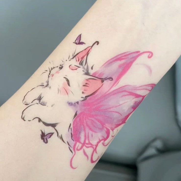 Cat Tattoo Sticker Angel Cat Pattern 11x7.8cm Body Art Decal for Skin