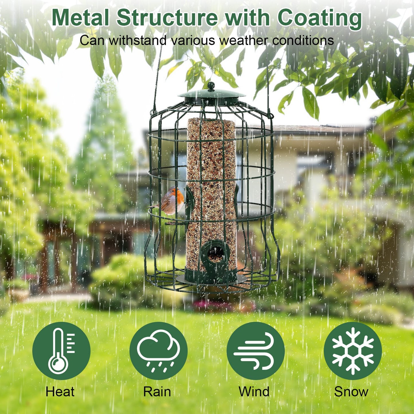 Outdoor Squirrel-Proof Bird Feeder with 4 Feeding Ports - Green