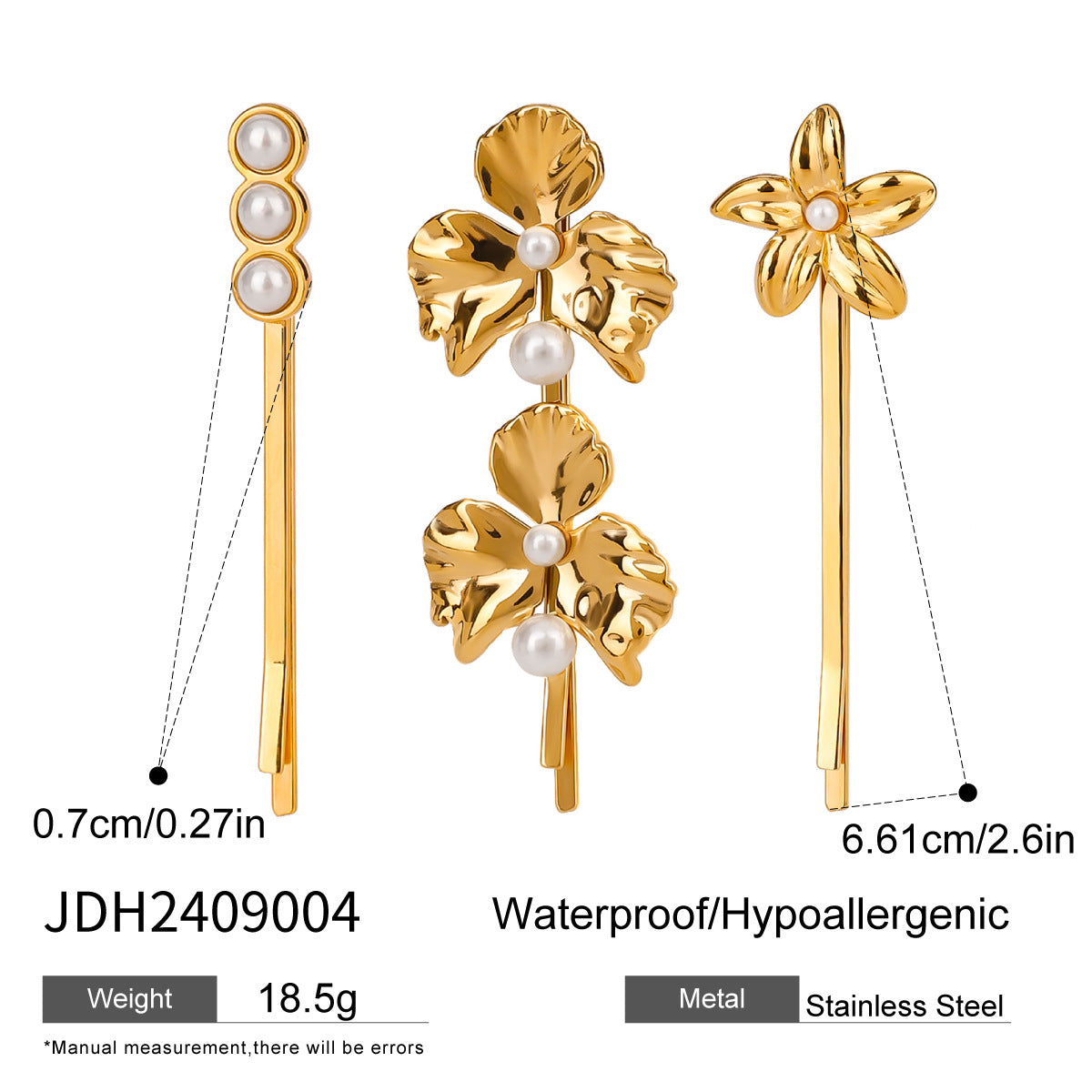 Women's Titanium Steel Barrettes - Pearl Flower Design, 3 Piece Set