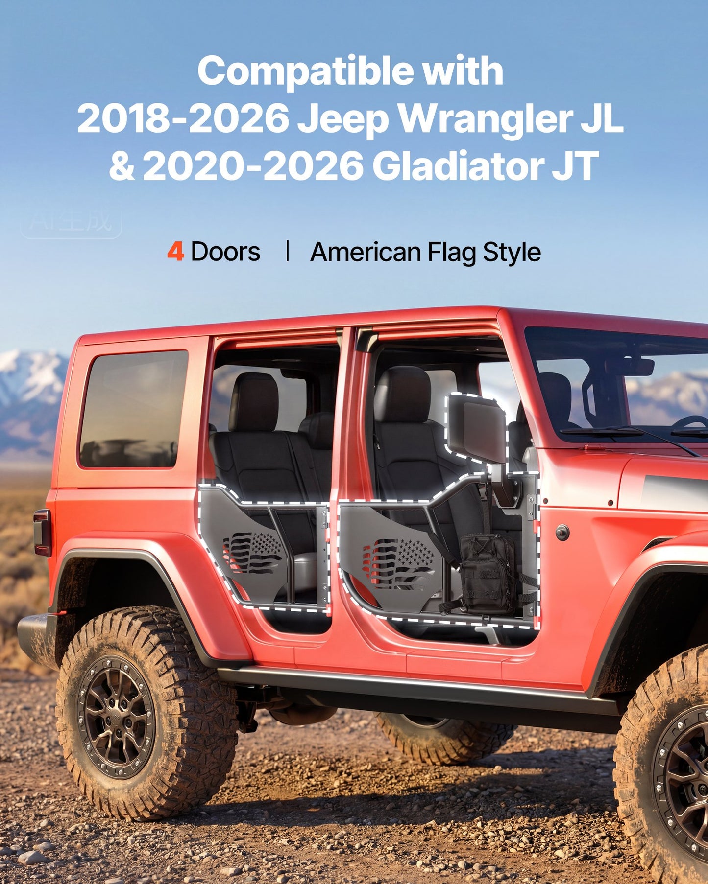 Jeep Tube Doors 4-Door Off-Road Flag Pattern, Fits JL & Gladiator, Black