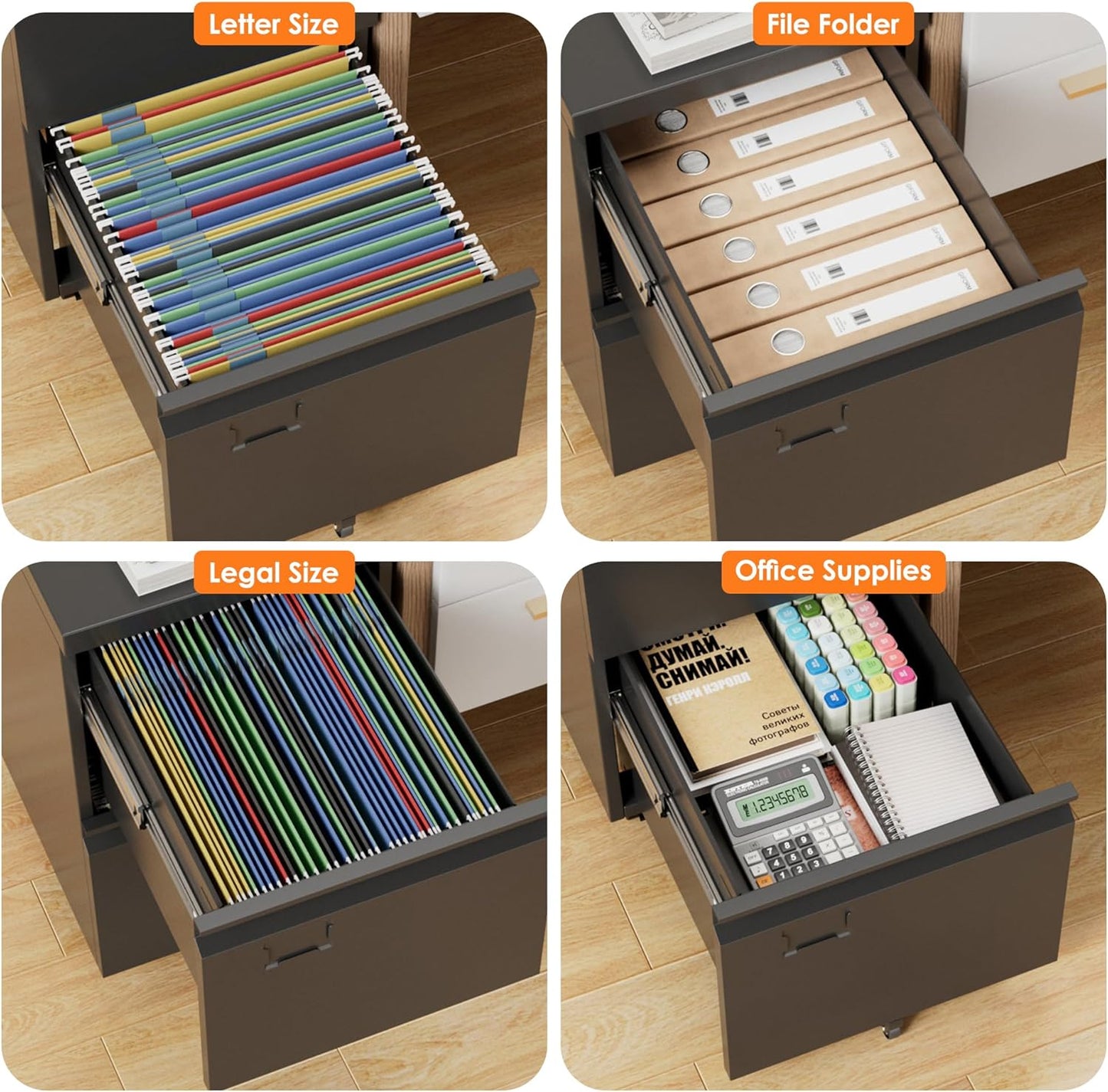 2-Drawer Mobile File Cabinet with Lock - Black Metal Storage
