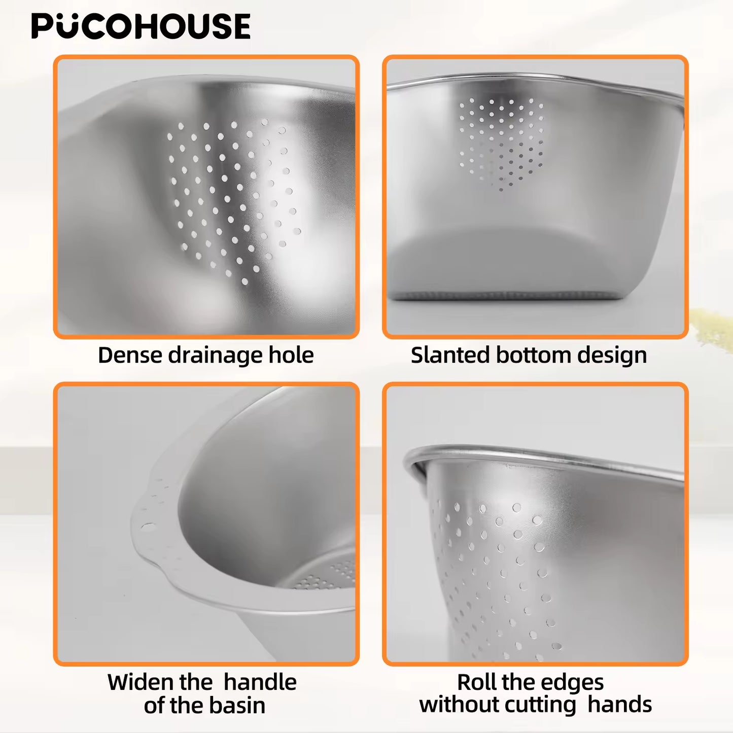 Slanted Bottom Drain Bowl - Stainless Steel Colander for Pasta, Rice & Produce