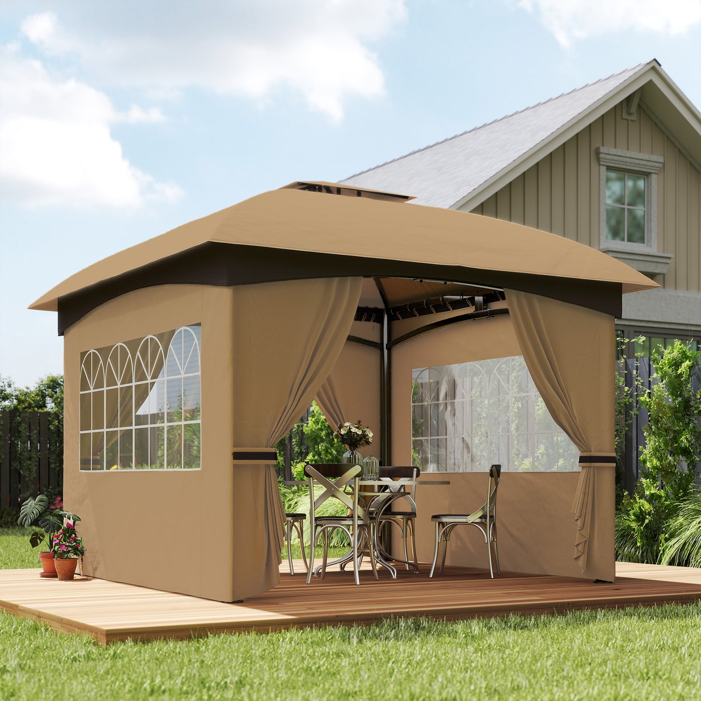 Outdoor Gazebo with Curtains & Church Windows - Beige