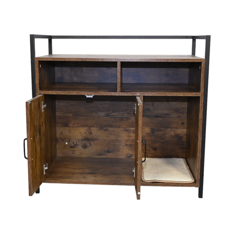 Rustic Brown Wooden Cat Litter Box Enclosure with Scratching Mat - Spacious Pet Furniture