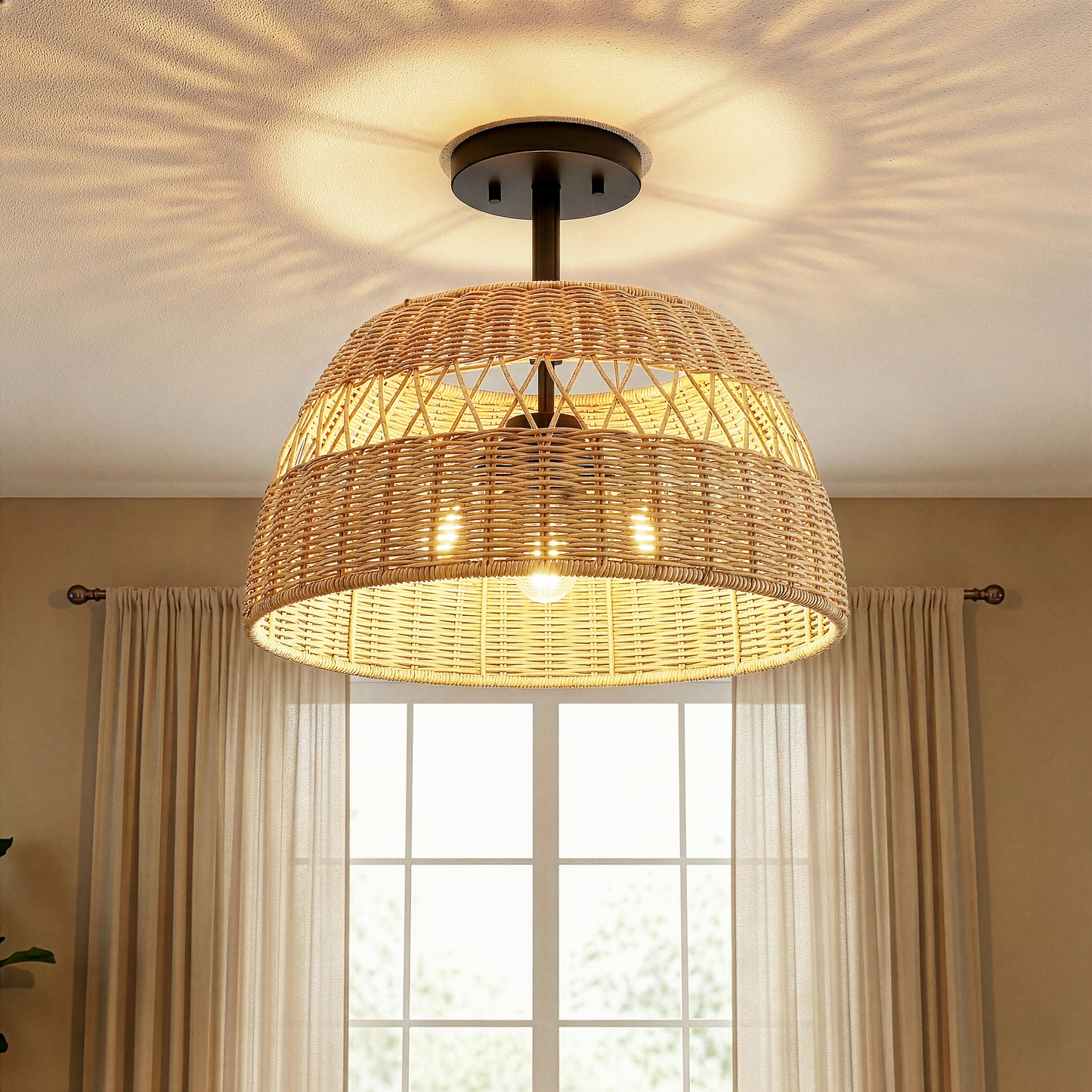 Twinkle Double Lights Semi Flush With Rattan Shade Black Metal Finish