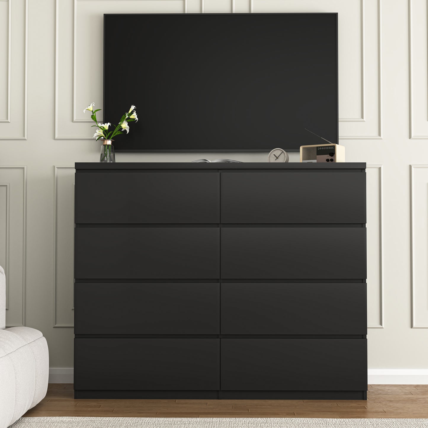 8-Drawer Black Dresser - Modern Wood Chest for Bedroom