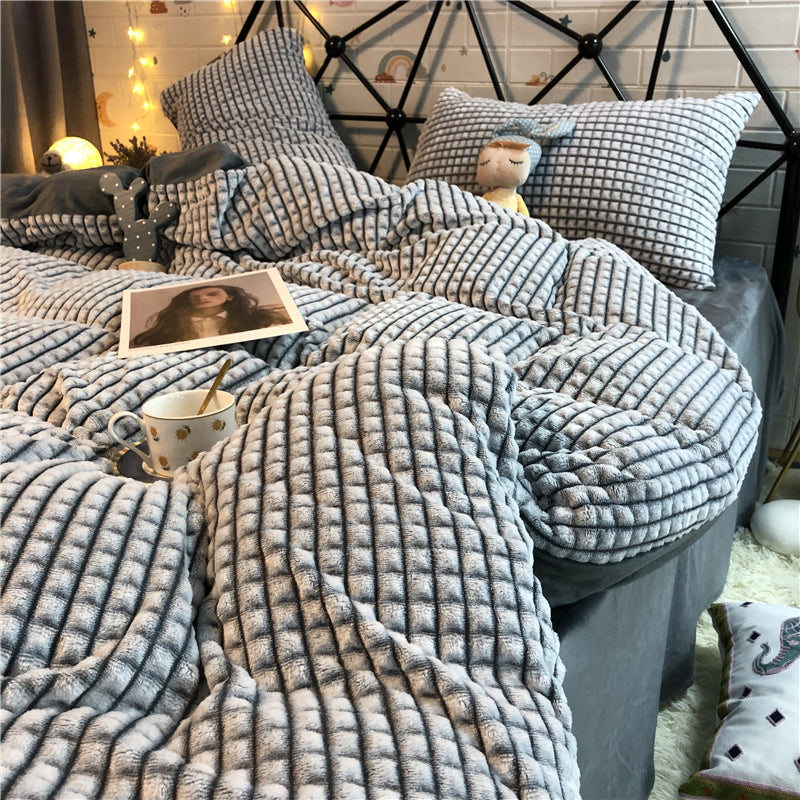Dark Gray Velvet Bedding Set with Quilt Cover and Pillowcases - Four Piece