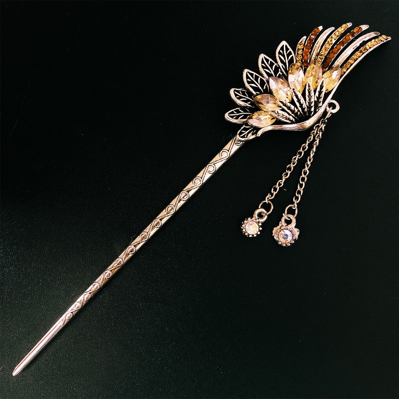 Feather Rhinestone Vintage Hanfu Hairpin with Tassel Coil