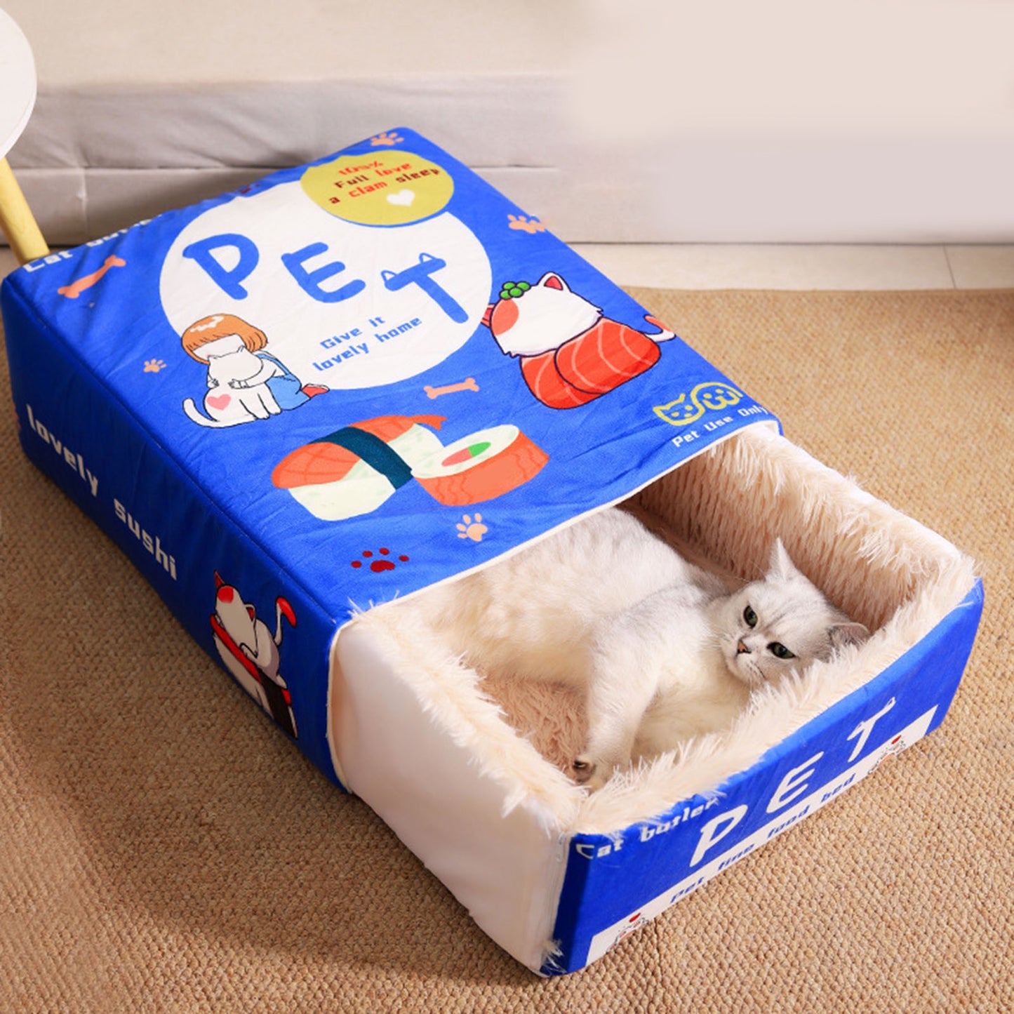 Cartoon Snack Box Cat Bed - Fully Enclosed, Soft, Multi-Season Pet Bed