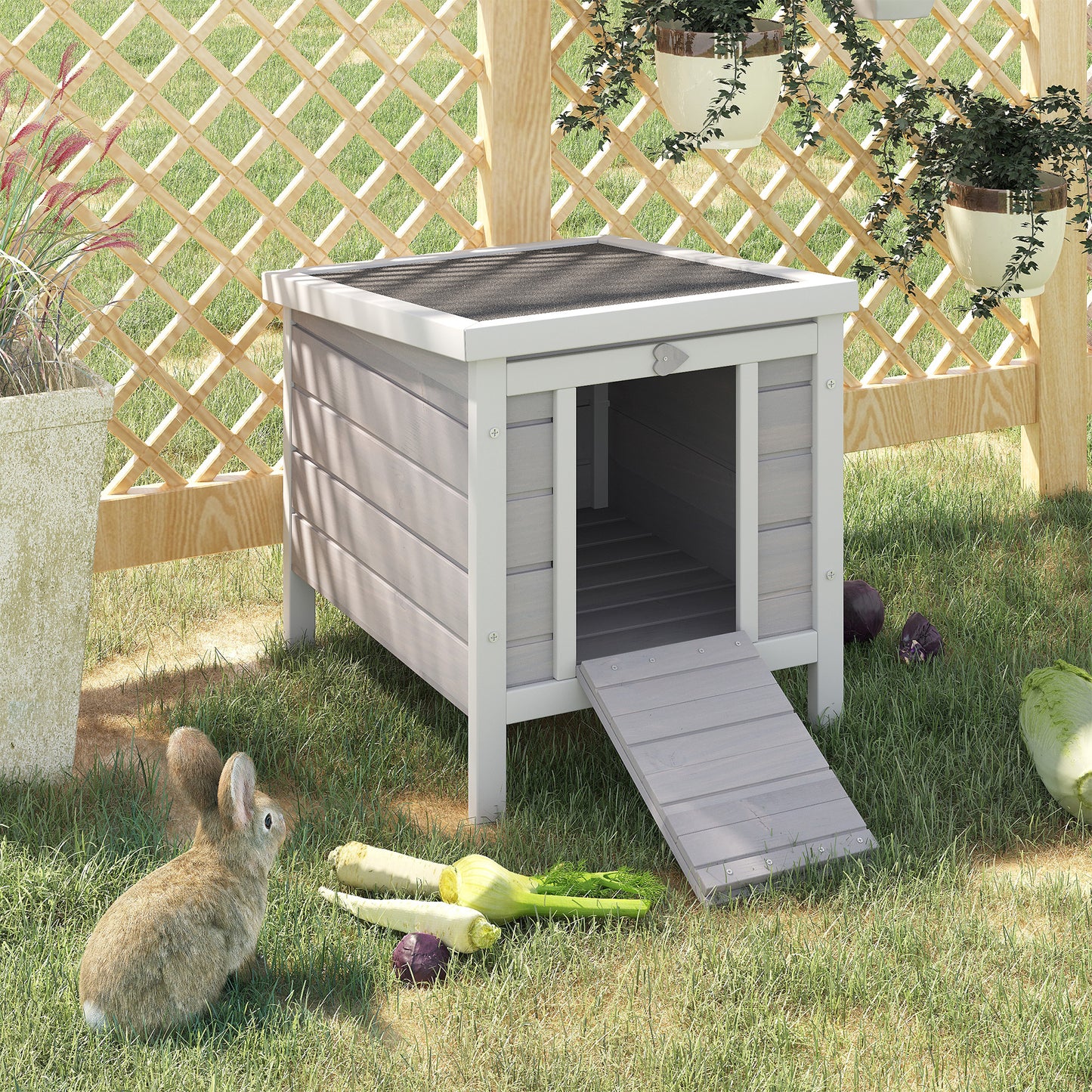 Outdoor Wooden Rabbit Hutch with Waterproof Roof for Small Pets - Gray, 575x475x165 mm