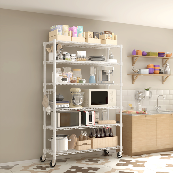 Modular 6-Tier Display Shelf with Adjustable Feet & Wheels - White
