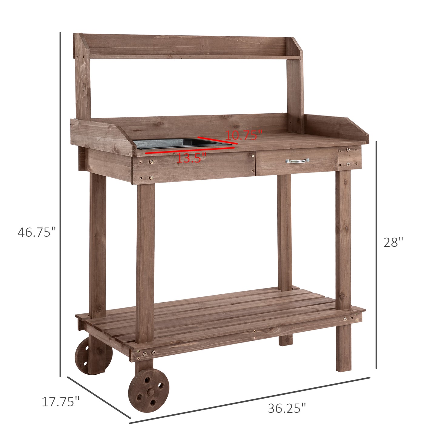 Wooden Potting Bench Work Table with Sink, Drawer, Wheels, Large Storage - Brown