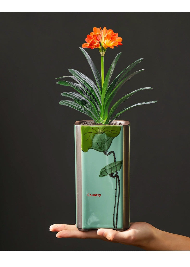 Indoor Decorative Ceramic Flower Pot with Support - Retro Square Design