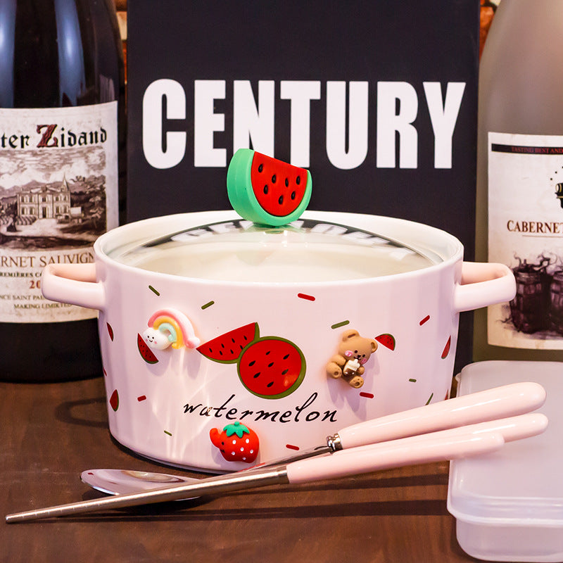 Ceramic Noodle Bowl with Lid and Ears - Strawberry Design, Easy to Clean