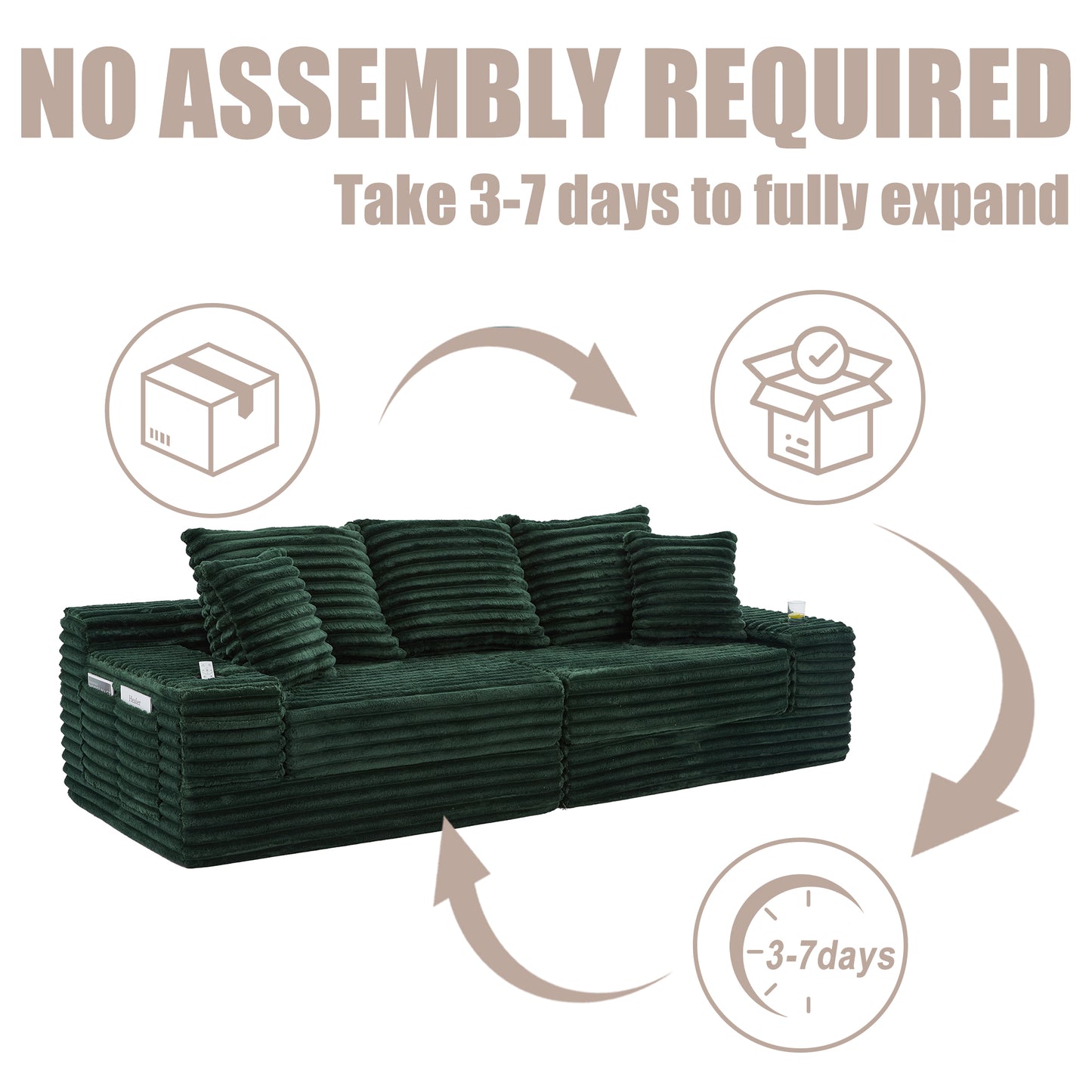 Oversized Corduroy Sofa Bed with Cup Holder & Pillows - Emerald