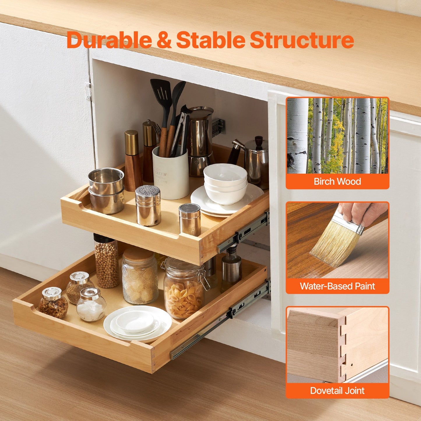 2-Tier Pull-Out Cabinet Organizer - Soft Close Wooden Drawer