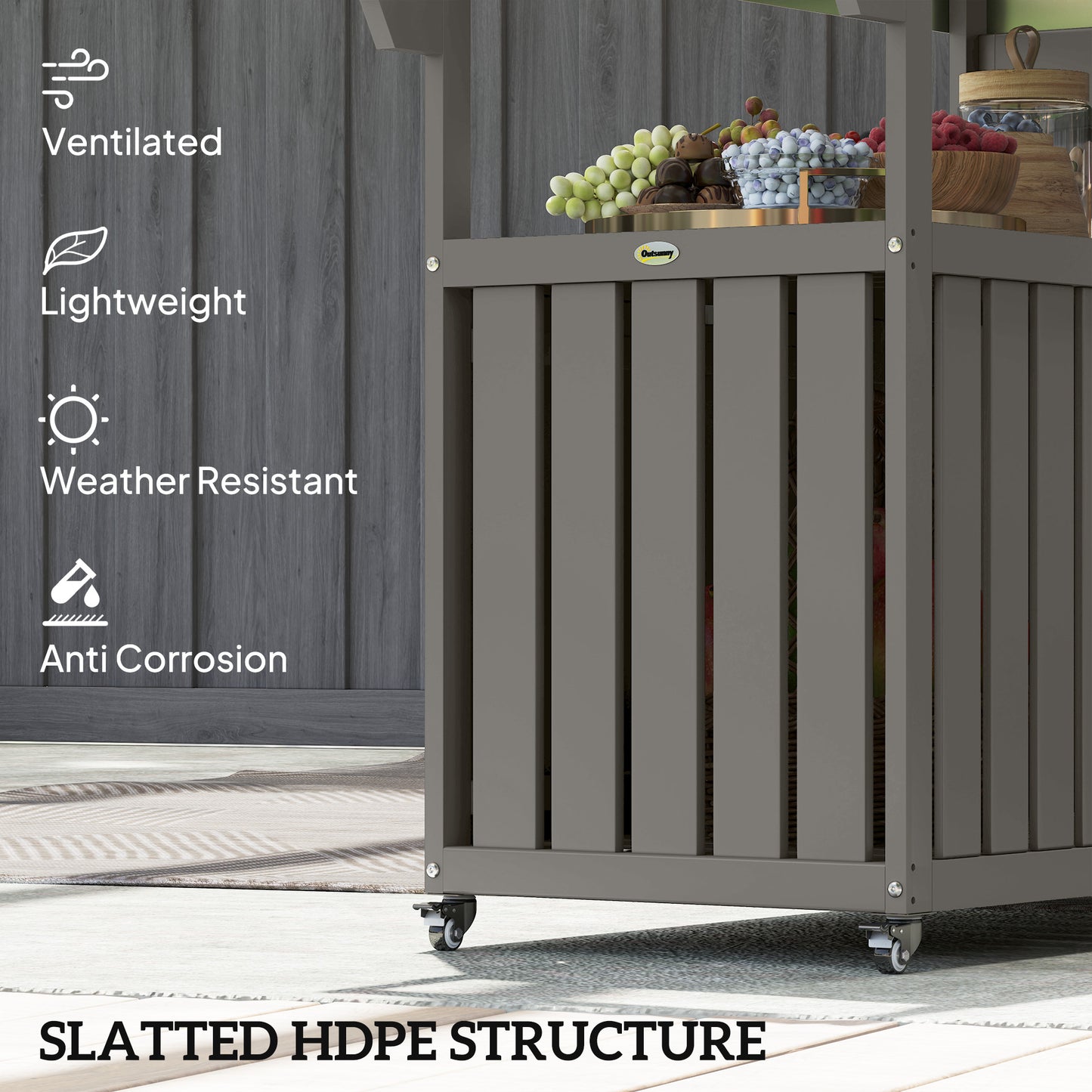 Outdoor Bar Cart - Stainless Steel Top, HDPE Storage, Wheeled - Dark Gray