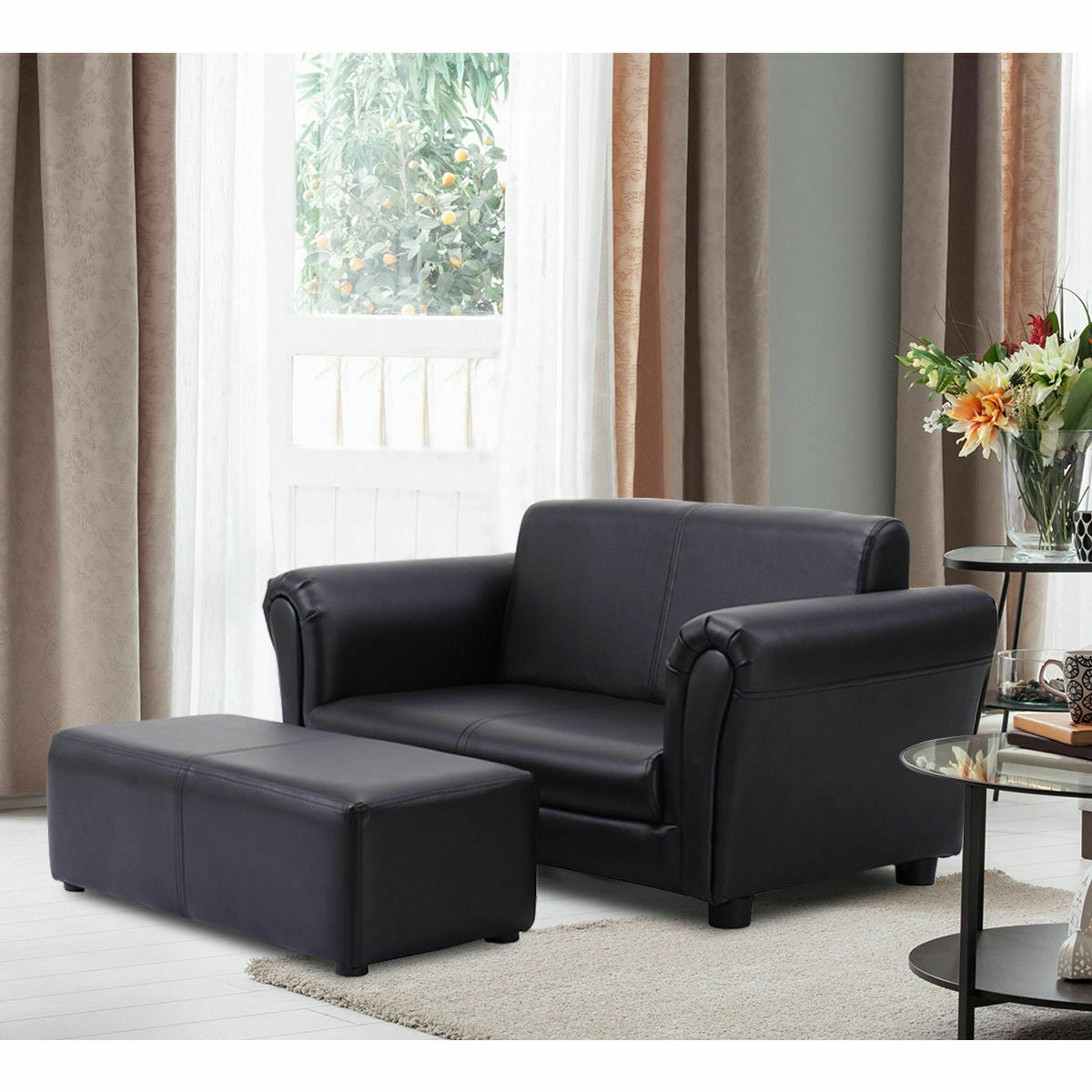 Kids Double Sofa with Ottoman - Black & White