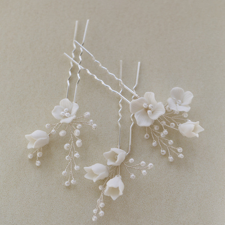 Ceramic Flower Hair Fork Set for Bridal Hair Accessories - Gold & Silver