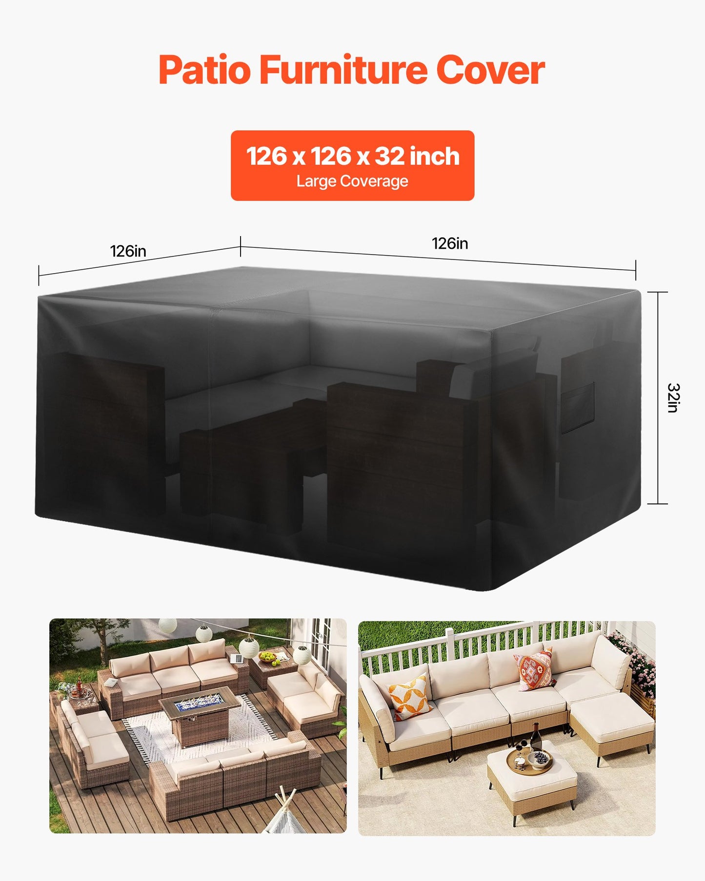 Waterproof Patio Furniture Cover 420D Oxford 126x126 Inches for Tables, Chairs, Sofas - Black