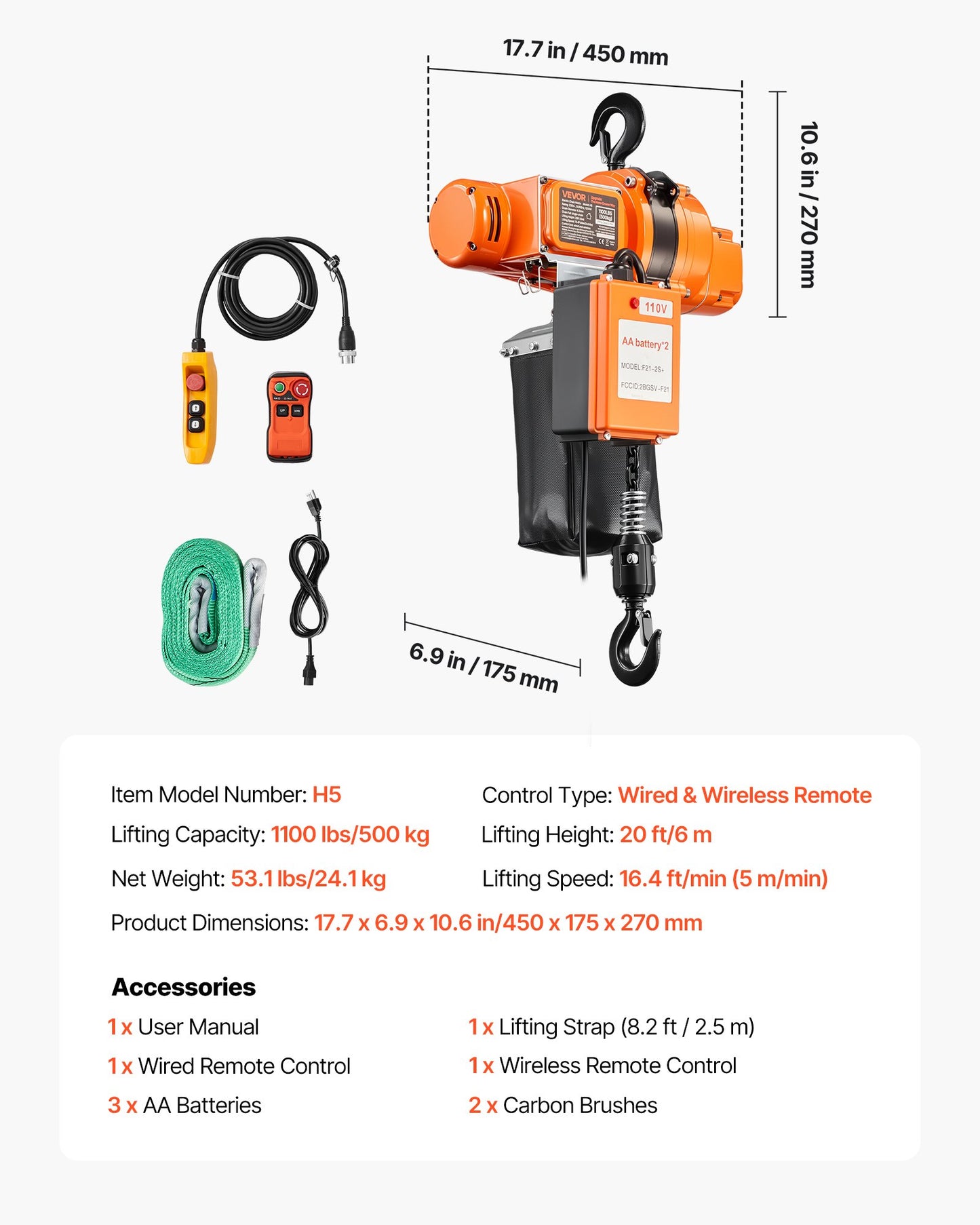 Electric Chain Hoist 1100 lbs, 20 ft Lift Height, Wireless & Wired Remote Control