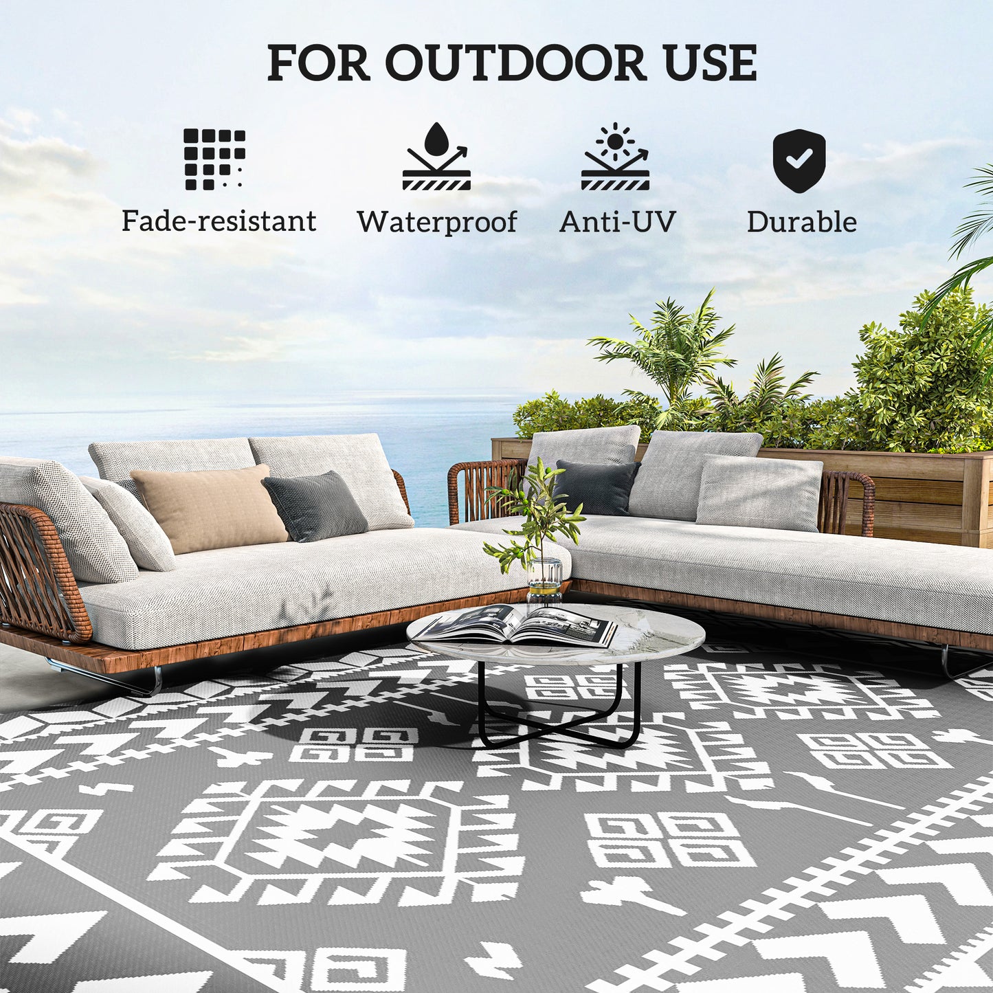 Reversible Outdoor Rug - Waterproof Plastic Straw, 9' x 12', Gray & White Rhombus