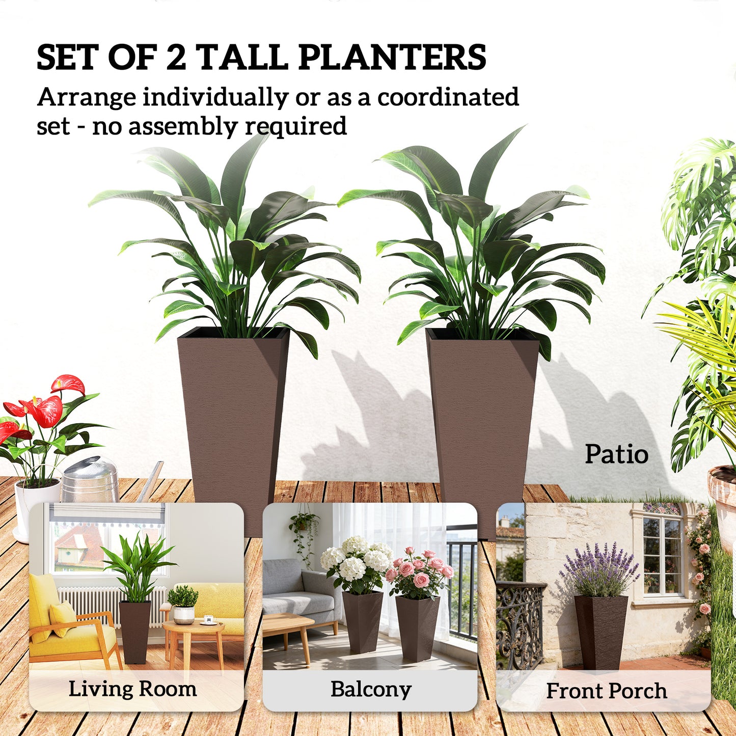 Tall Outdoor Plant Pots Set of 2 - Brown Plastic Flower Planters for Garden & Patio