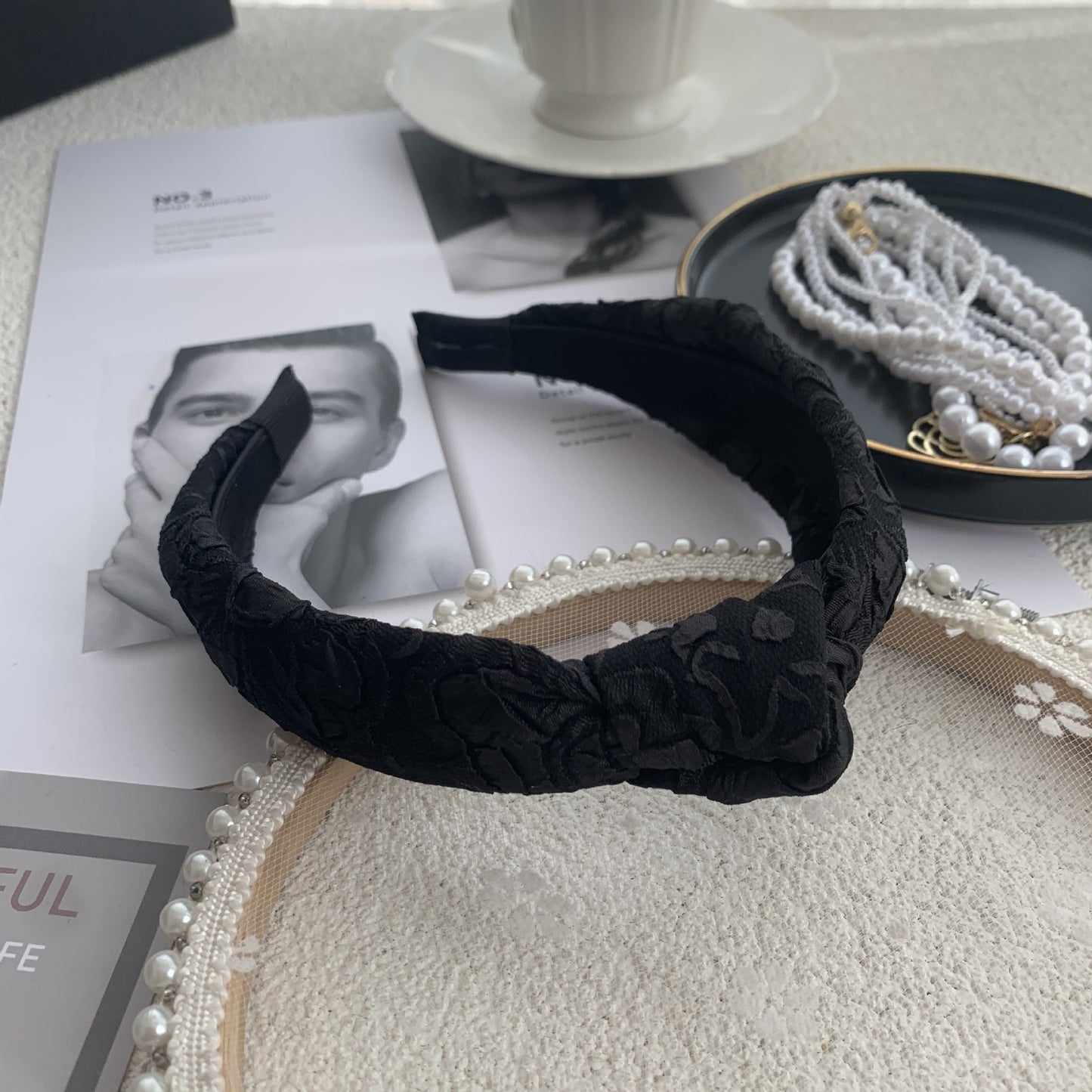 Black Rhinestone Hair Hoop - Exaggerated Wooden Ear Headdress for Hair Styling