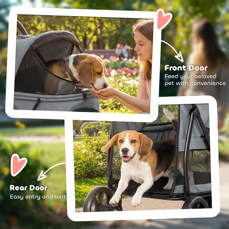 Pet Stroller for Medium Dogs - 3 Wheel Folding Canopy Mesh Window Gray