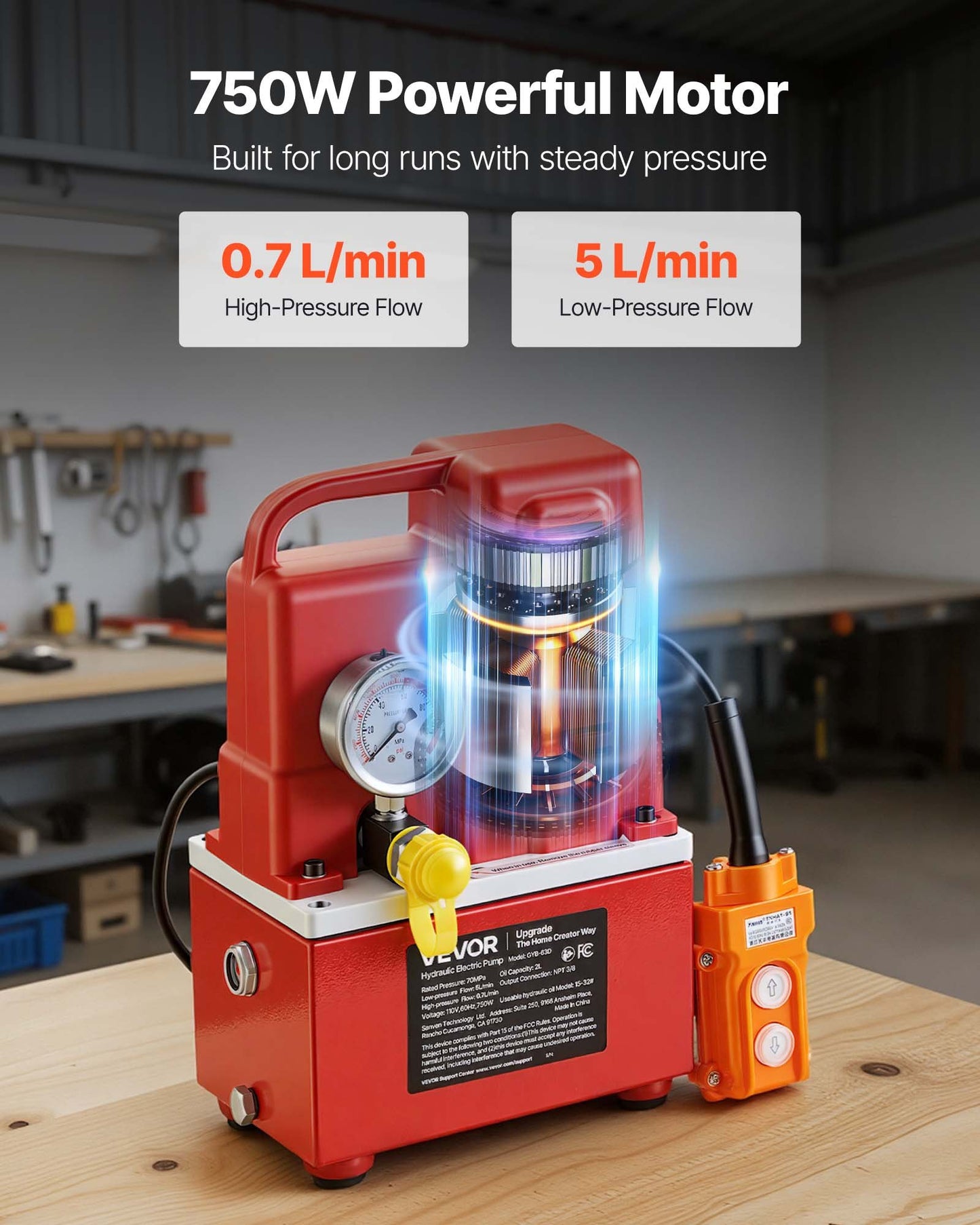 Electric Hydraulic Pump 750W 10,000 PSI for Lifting Bending and Pressing - Black