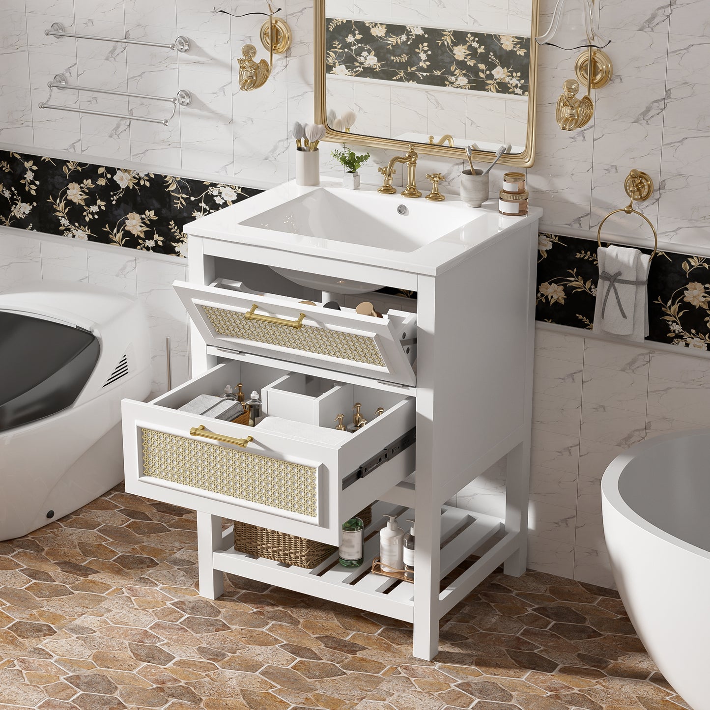 24 Bathroom Vanity With Integrated Ceramic Sink, Cabinet 1 Deep