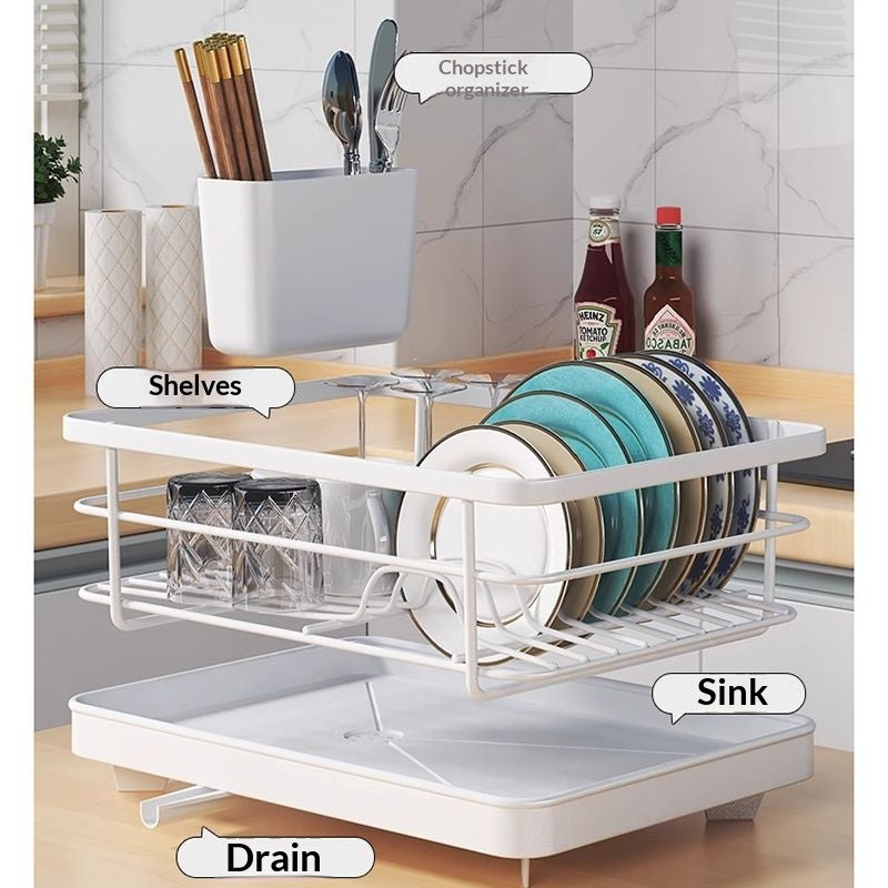 Single-Layer Kitchen Dish Drain Rack with Chopstick Rest - Multiple Colors