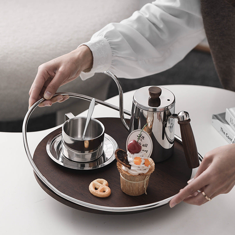 Wooden and Stainless Steel Mirror Tray for Living Room Tea and Coffee Storage