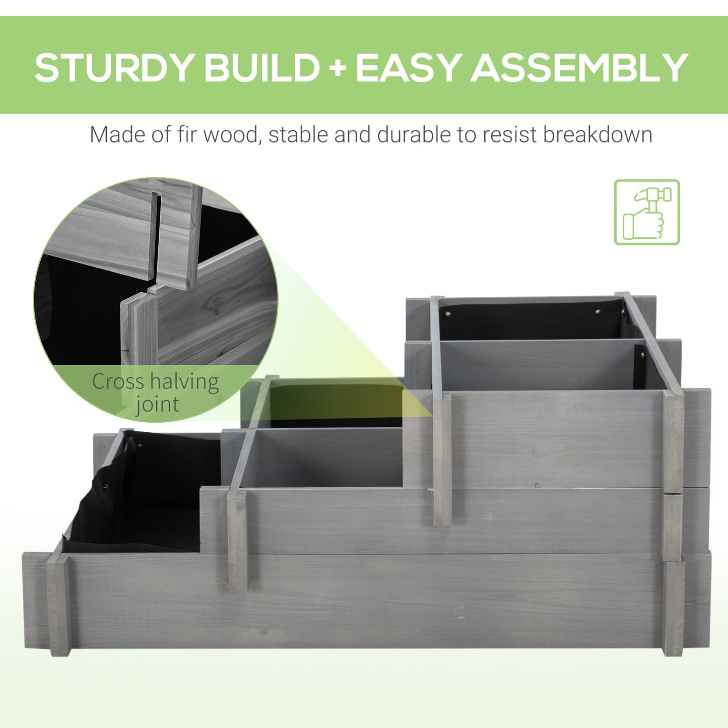 3-Tier Raised Garden Bed with Water Draining Fabric - Elevated Wooden Flower Planter for Vegetables & Herbs, Gray