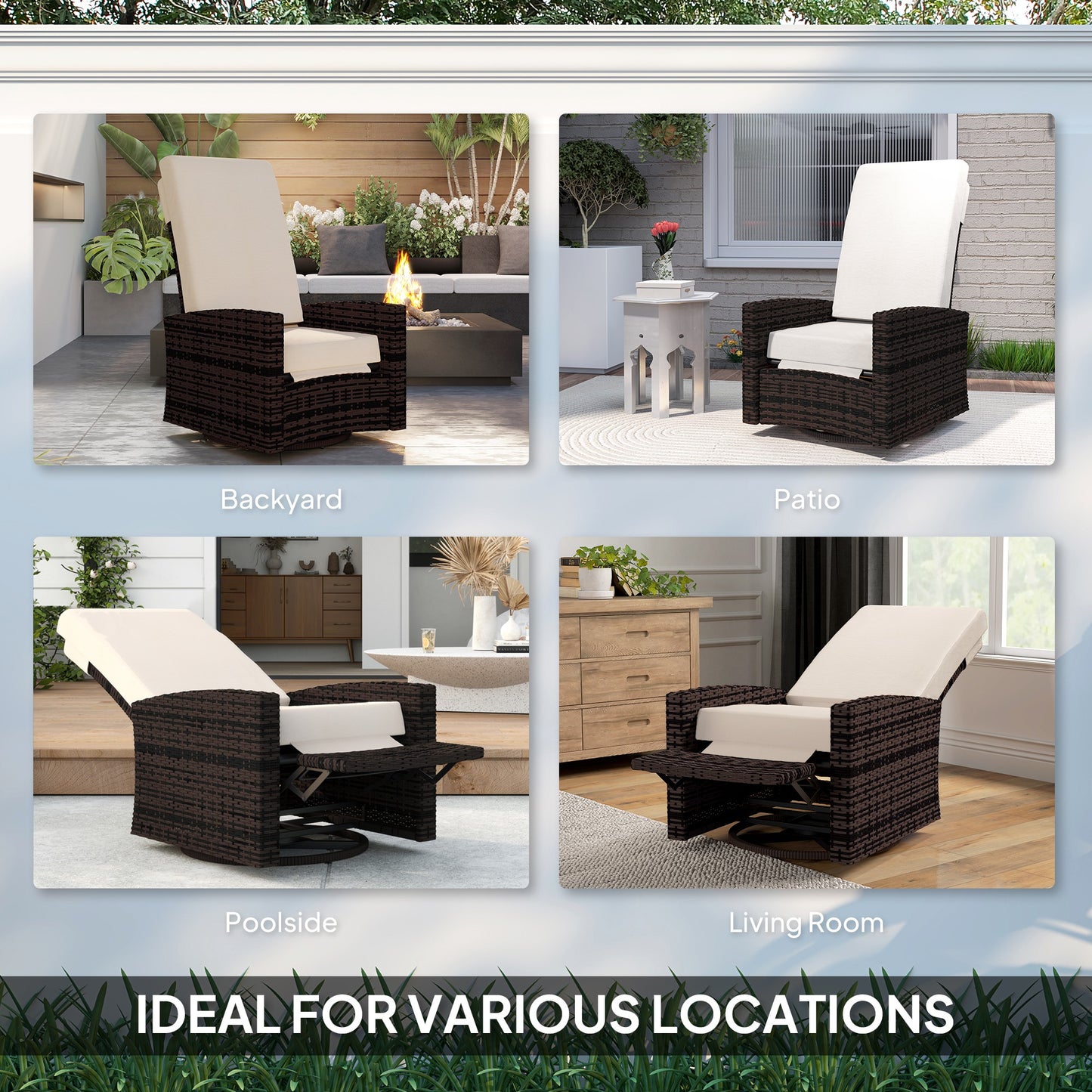 Outdoor Wicker Swivel Recliner Chair with Lifting Footrest - Khaki