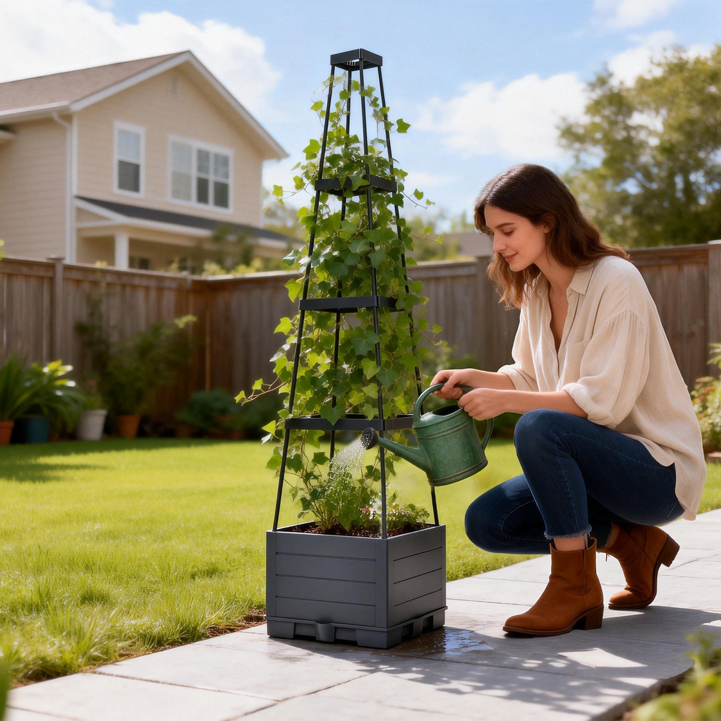 2-Pack Adjustable Garden Bed Boxes with Trellis for Climbing Plants & Self-Watering Planters