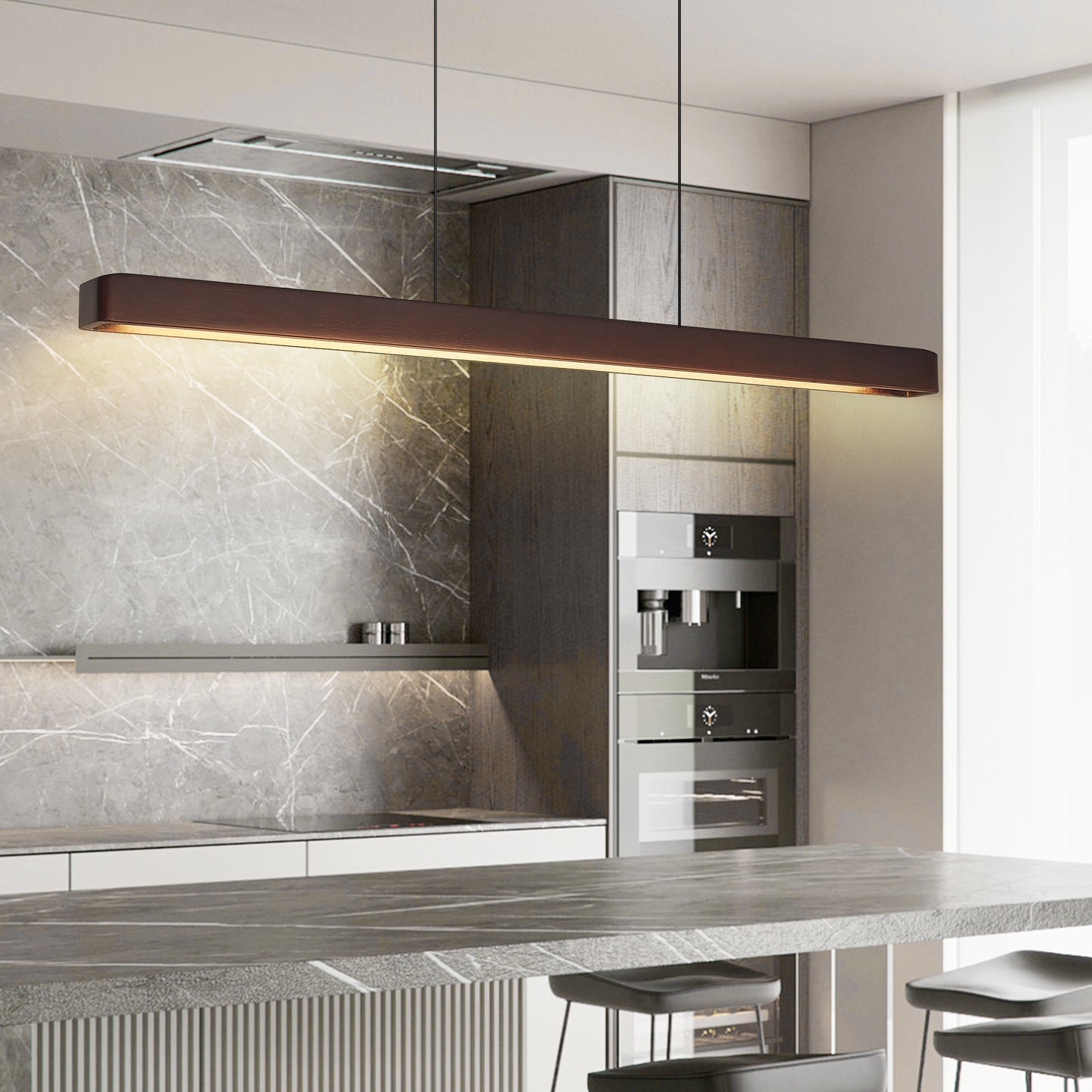 39-Inch Walnut Wood LED Pendant Light - Adjustable Modern Fixture